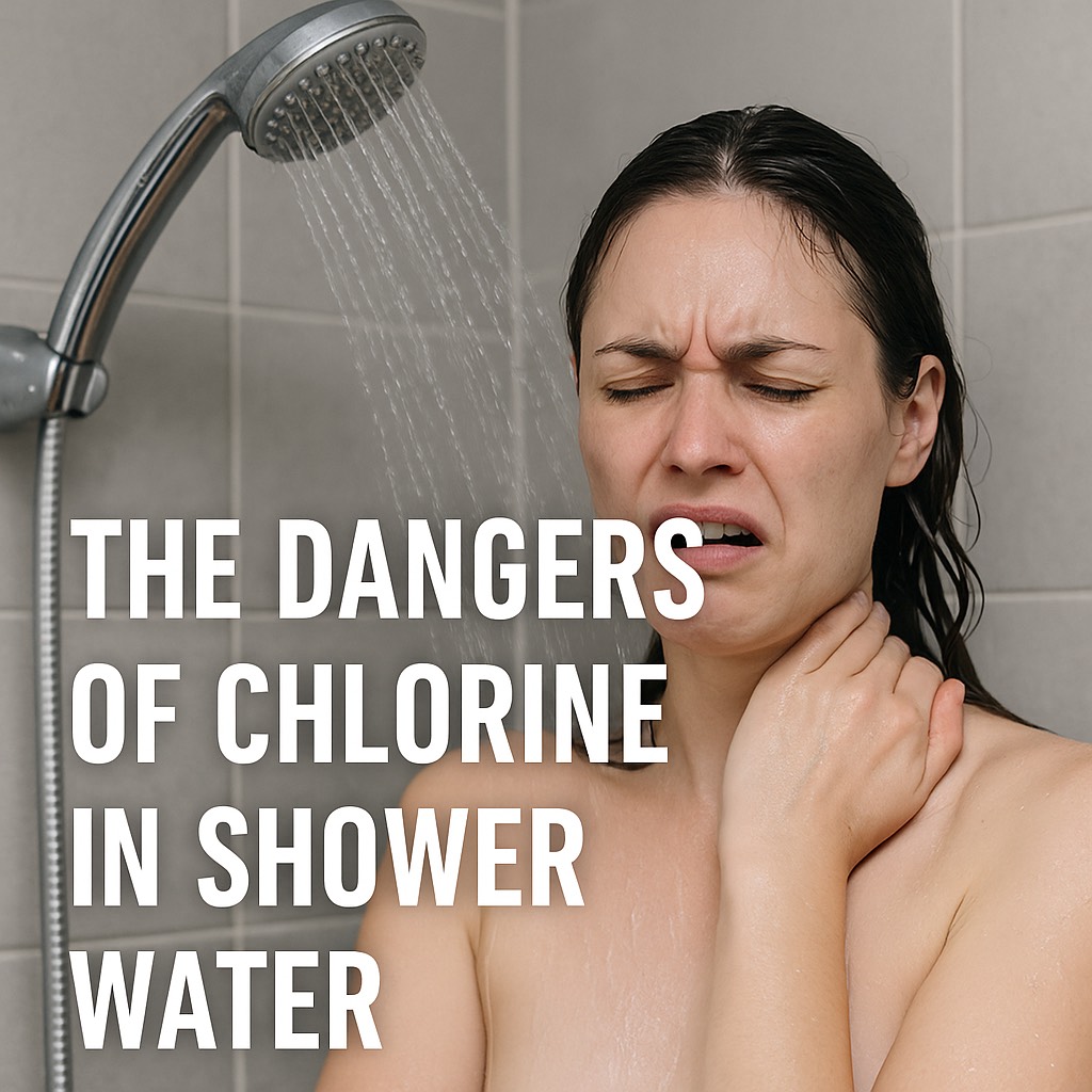 woman reacting to chlorine exposure in shower