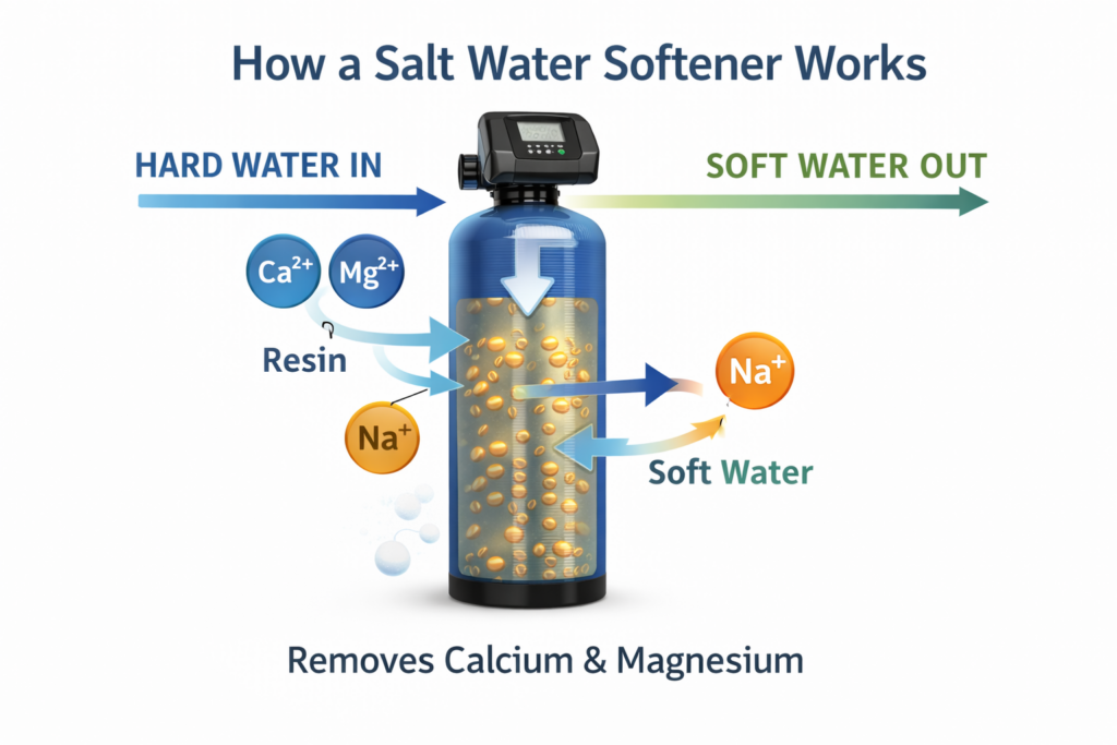 how a salt water softener works to remove hard water minerals